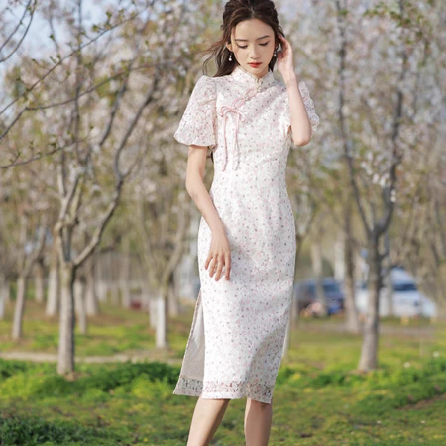 D060森系碎花泡泡袖改良设计款旗袍2025年夏小个子年轻少女日常裙