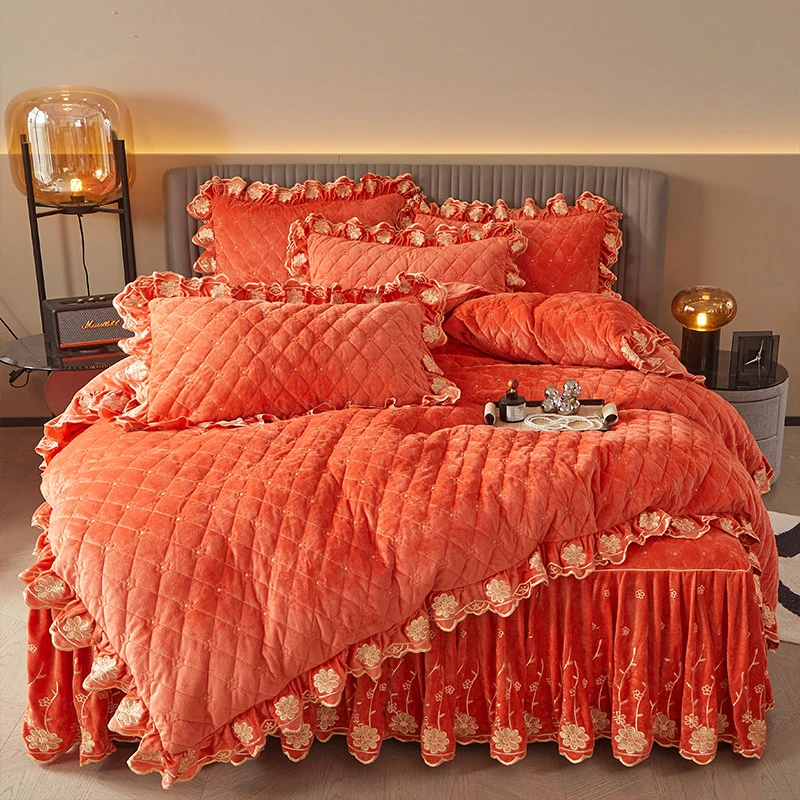 欧式高档刺绣宝宝绒床裙四件套夹棉加厚床罩式床单被套加绒床盖冬