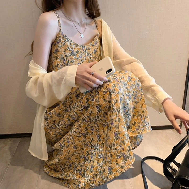大码女装宽松遮肚雪纺碎花吊带连衣裙女夏装新款复古超仙打底长裙