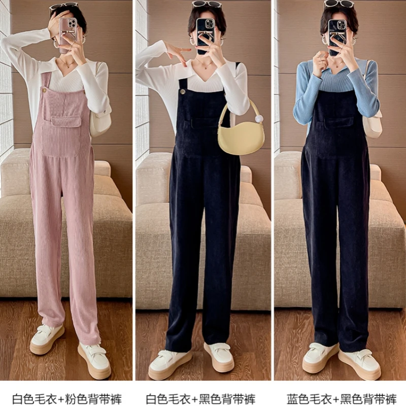 孕妇装春秋季新款孕妈版型翻领针织打底衫+背带裤时尚套装