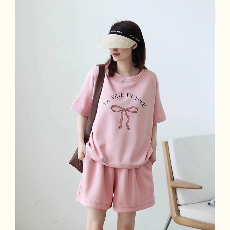 孕妇套装夏新款韩版宽松休闲时尚玫瑰领结上衣托腹短裤孕妇两件套