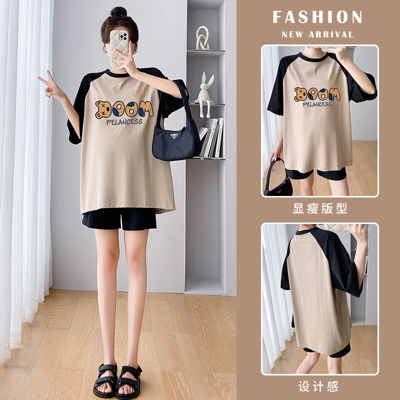 孕妇上衣夏季T恤中长款字母印花时尚夏休闲＋可调节托腹短裤套装