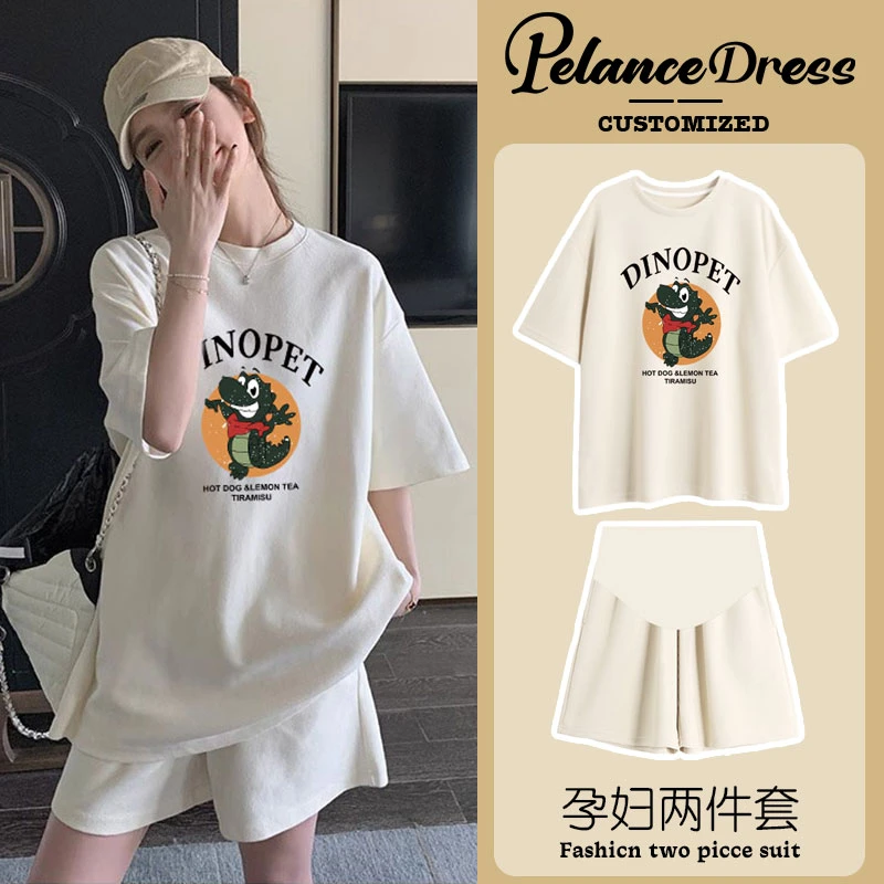 孕妇装夏新款透气休闲2024卡通小恐龙图案上衣托腹显瘦短裤两件套