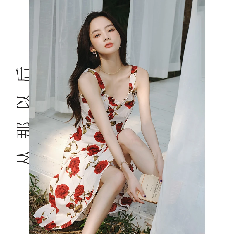since then【玫瑰香颂】连衣裙碎花裙印花性感气质修身法式长裙女