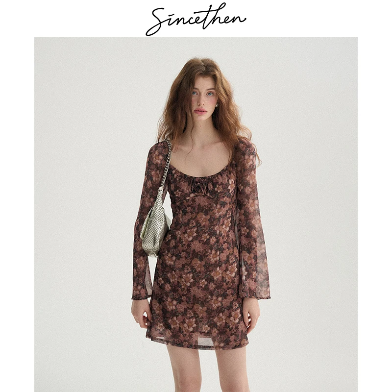 sincethen 甜茶日记法式风碎花裙长袖裙子小个子短裙仙女连衣裙女
