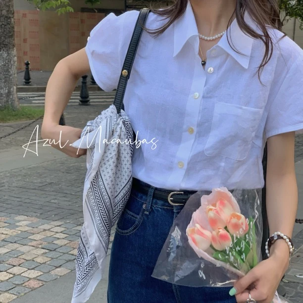 萱子欧尼 【首尔】新韩系ins博主同款 亚麻设计感白色小众短袖衬衫