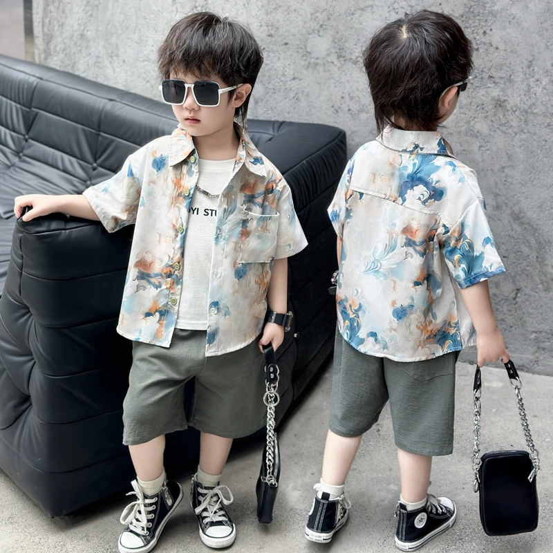 遇见神鹿海浪图绘短袖衬衫套装儿童时尚男宝老花拼接夏季休闲印花