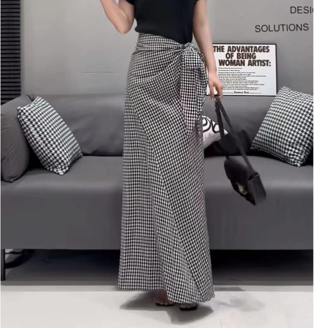 小丽定制--[0A161]韩系时尚复古格纹系带收腰修身百搭气质半身裙