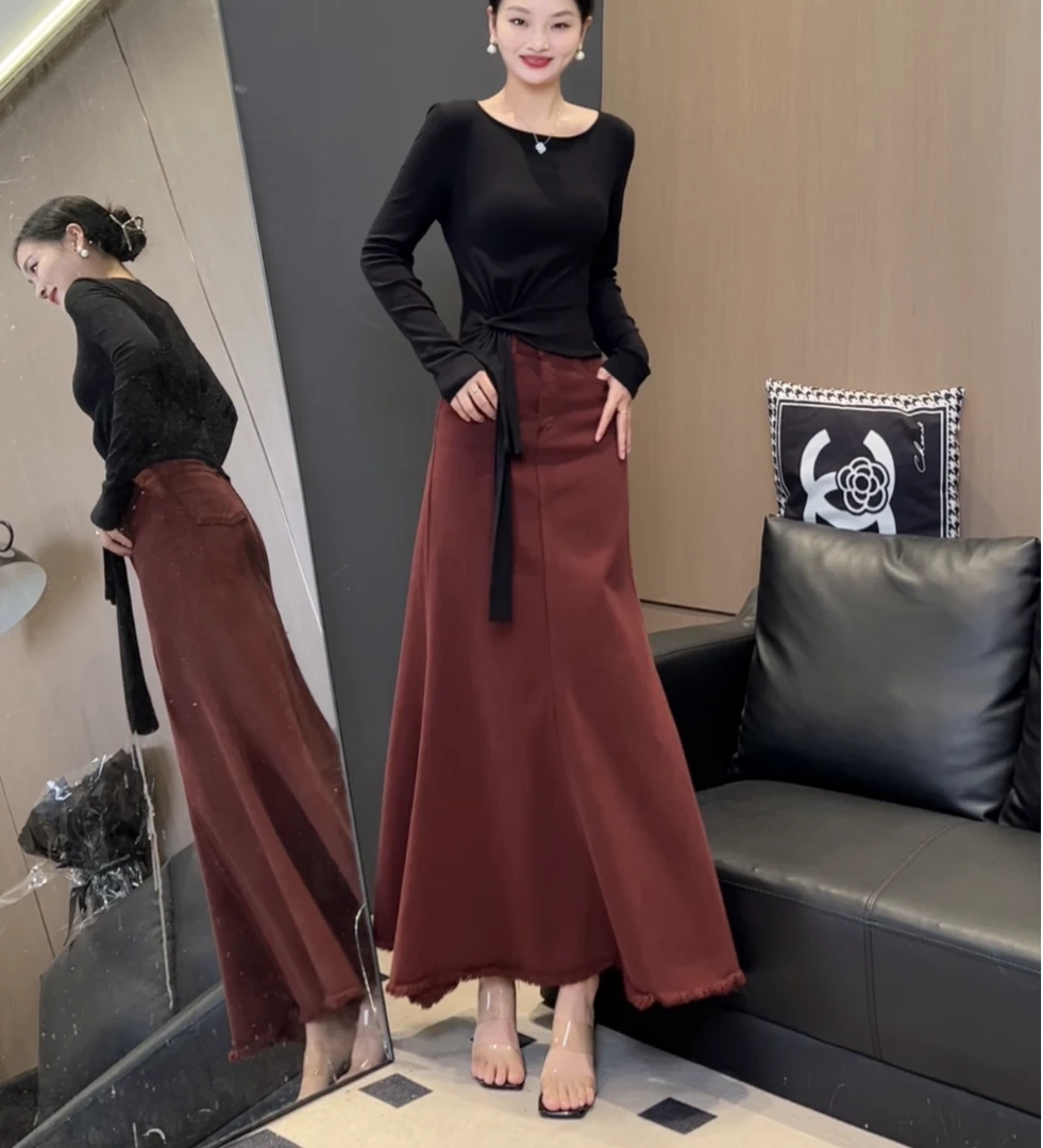 小丽定制--[L39A]复古毛边高腰设计感修身显瘦A字鱼尾牛仔半身裙