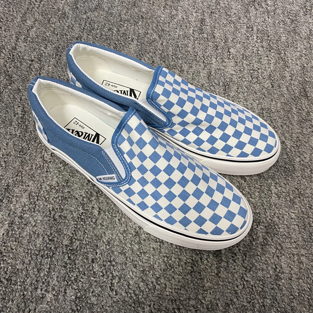 男士帆布棋盘格格纹蓝色百搭休闲低帮鞋子平底男士一脚蹬休闲鞋