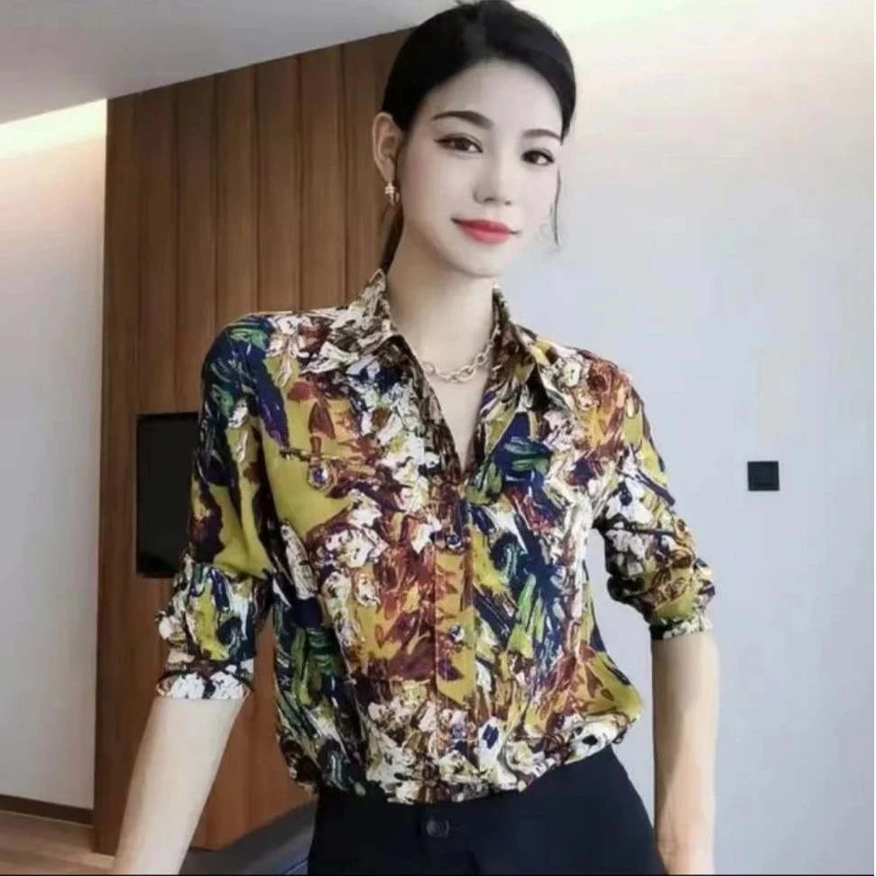 【商场同款】阿玛施AMASS新款百搭印花显瘦碎花女士衬衫5300848