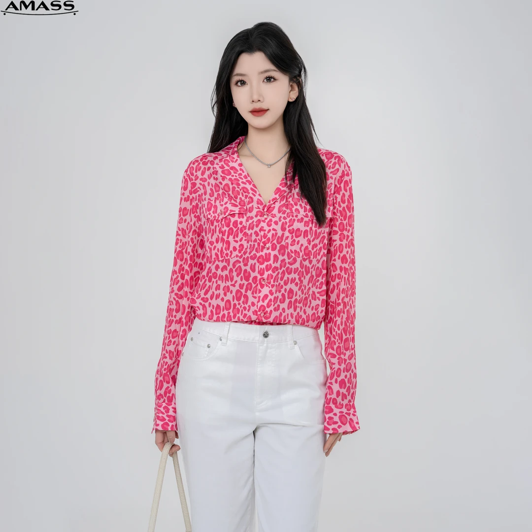 AMASS/阿玛施通勤单排扣长袖V领直身版视觉几何印花衬衫女5300923