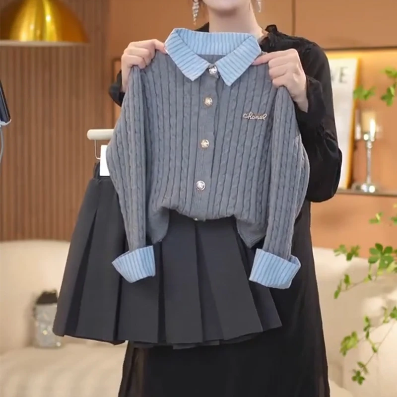 巴拉优选女童毛衣百褶裙套装2024春秋款中大童拼接开衫针织衫短