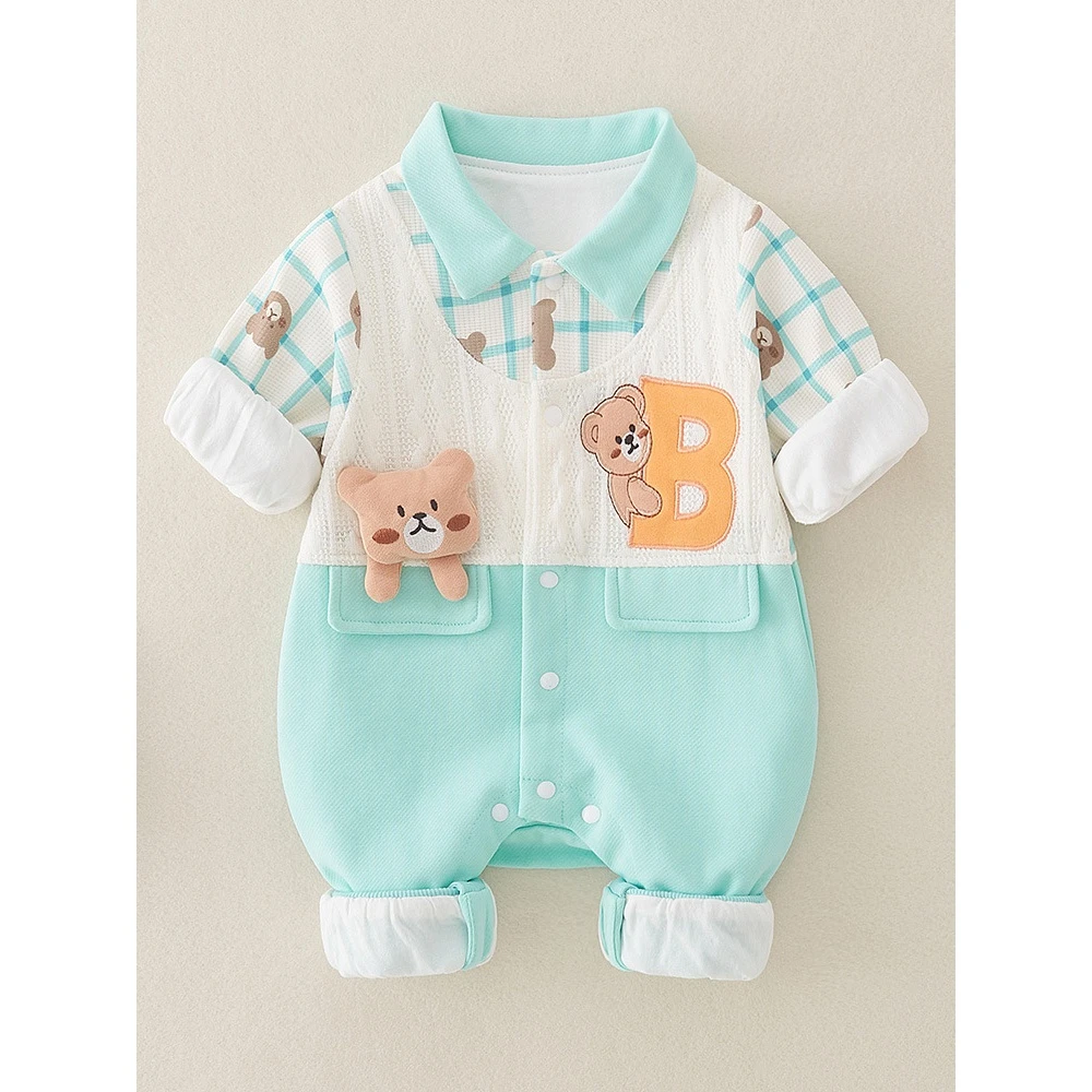 婴儿春季新款双层卡通连体衣新生儿春秋男宝宝舒适韩版外出爬爬服