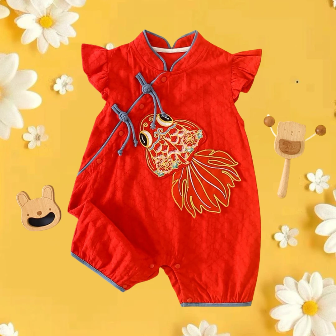 女童夏季薄款红色连体衣周岁礼服满月百天抓周服中国风婴幼儿哈衣