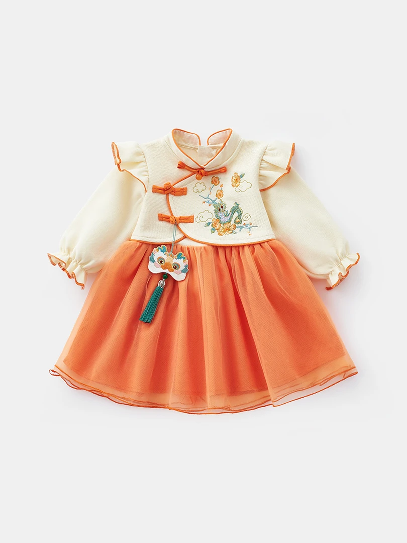 婴儿新中式连衣裙2024春季女宝宝公主裙子女童长袖网纱裙春秋新款