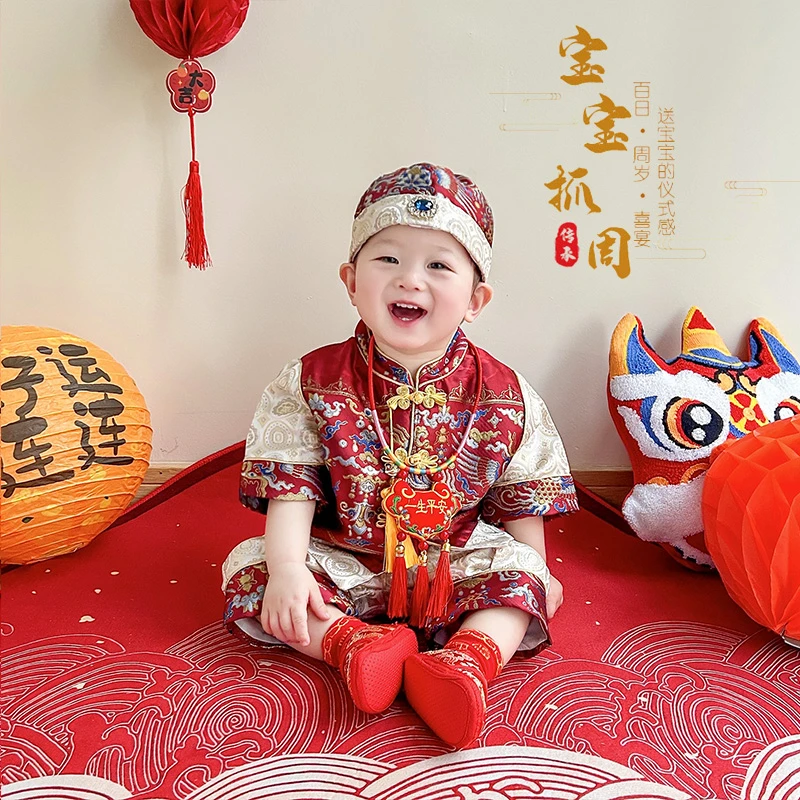 周岁礼服男宝宝春夏短袖中国风红色抓周套装洋气婴儿喜庆生日冠衣