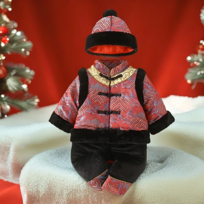 婴儿新年拜年服男宝宝周岁礼服抓周唐装儿童加厚喜庆百天百岁衣服