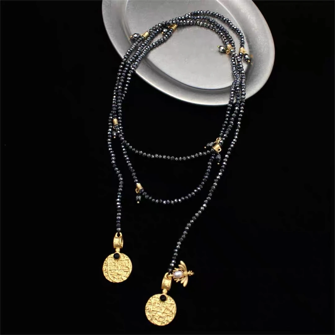 铜合金项链 女王中古设计感黑金撞色小蜜蜂长款项链耳钉155cm百搭