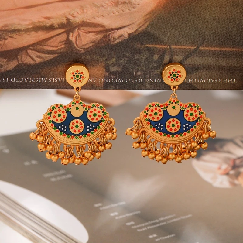 铜合金耳饰 法式流苏波西米亚珐琅滴油耳环高级宫廷风中国风古典