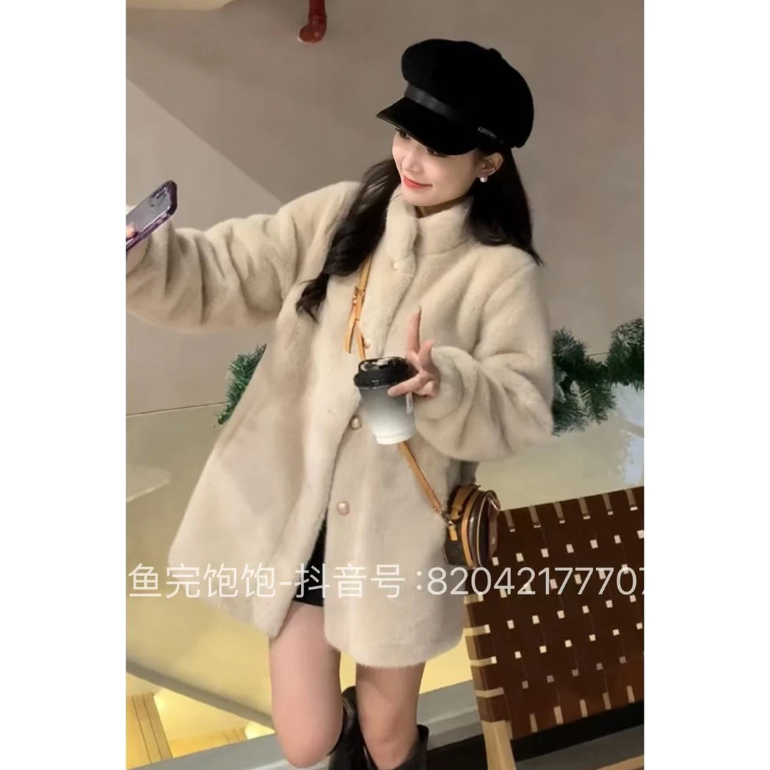 2024新款环保毛毛外套女立领韩版宽松宫延温柔百搭