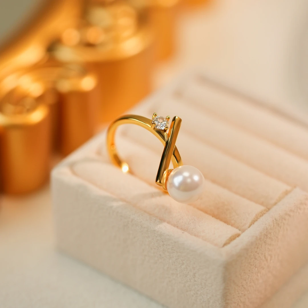 925银戒指 精致平衡木锆石珠珠戒指轻奢可调节简约指环时尚气质