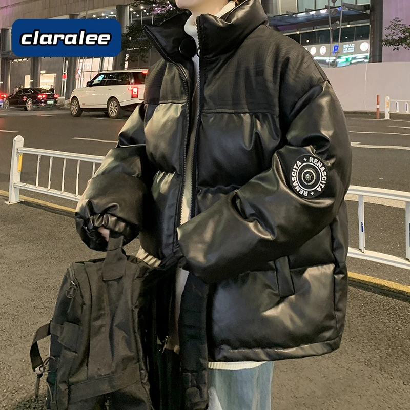 claralee高级感加厚保暖皮面冲锋棉衣冬季款港风宽松立领棉服外套