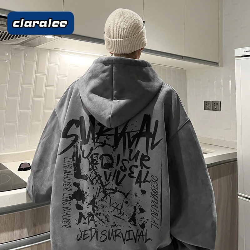 claralee潮牌美式重磅连帽卫衣男秋冬季加绒加厚痞帅炸街宽松外套