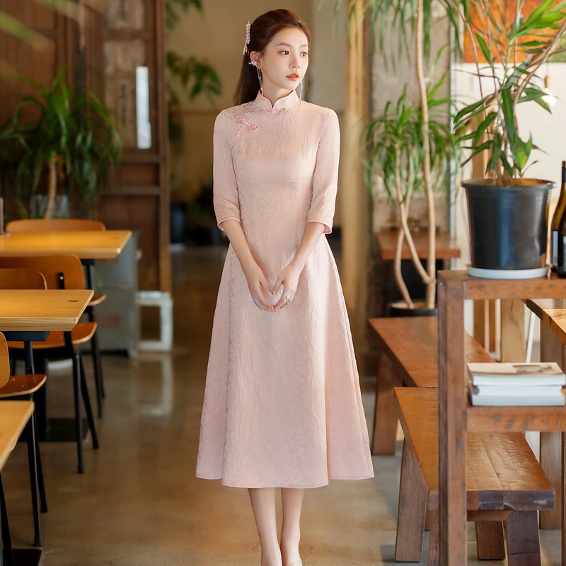 新款7分袖小清新改良版A版遮肚显瘦连衣裙日常可穿年轻少女款