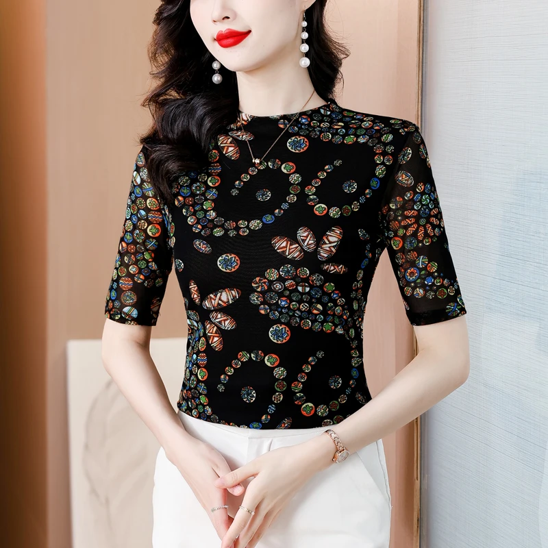 【兰爵定制】夏季新款中袖T恤女时尚洋气印花上衣气质显瘦舒适小衫