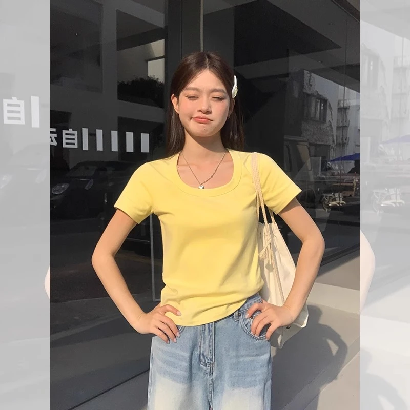 【婉如新生】夏季纯欲风U领修身短袖t恤女辣妹性感纯色上衣短款百搭