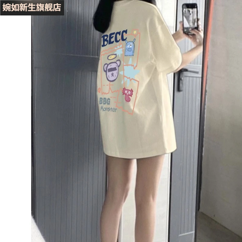 【婉如新生】纯棉宽松短袖落肩T恤女半袖2023夏季新款大版oversiz
