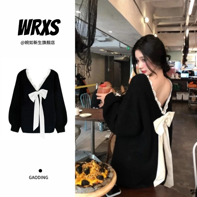 【婉如新生】蝴蝶结毛衣女圣诞秋冬新款宽松慵懒氛围感露背软糯上衣