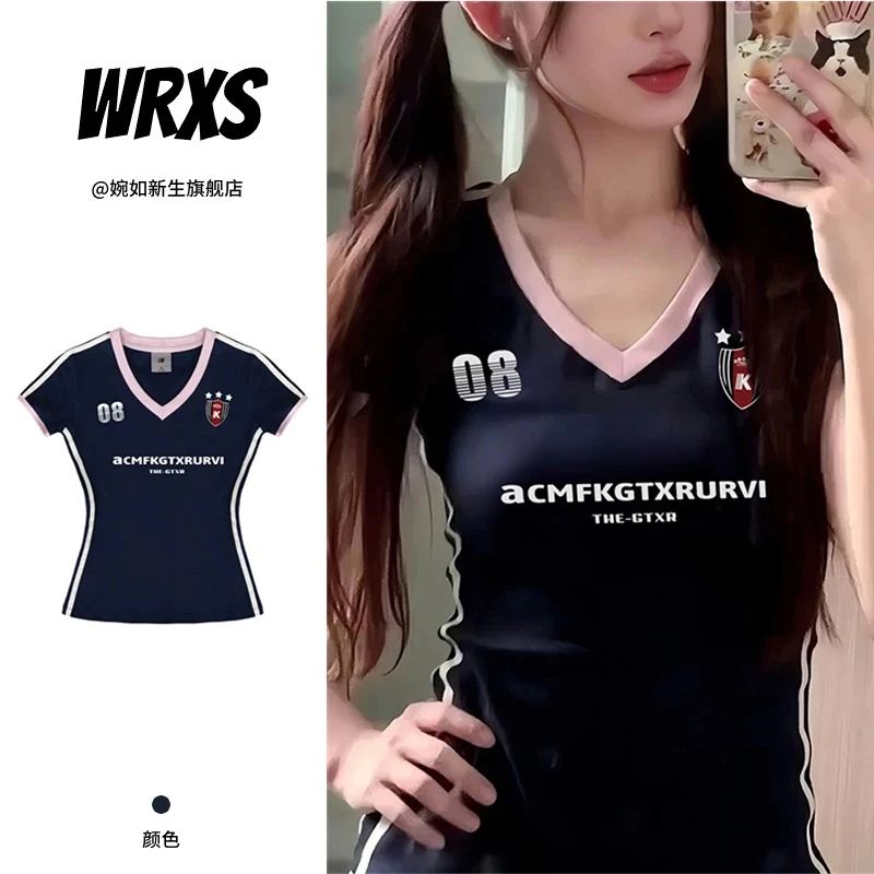 2025新款藏青色v领短袖t恤女夏季球衣设计感正肩纯欲风修身上衣