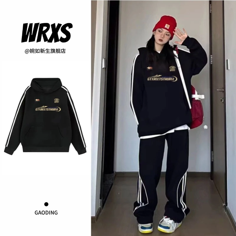 【婉如新生】美式高街黑色连帽套头卫衣2024秋冬宽松百搭上衣情侣潮