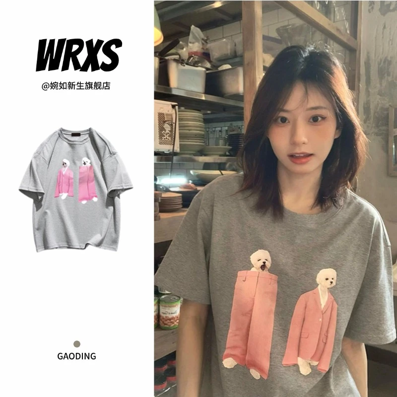 【婉如新生】夏季美式复古纯棉短袖t恤女卡通印花小众上衣宽松别致