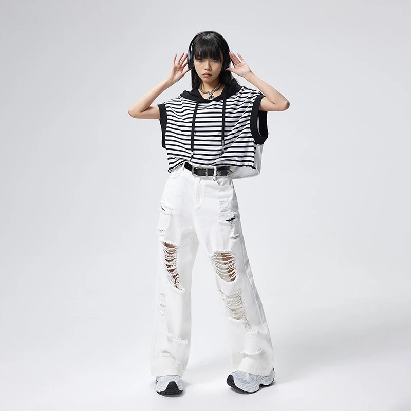 扎哈潮牌十三行新款条纹拼色短袖t恤女夏季ins纯棉宽松无袖X40575