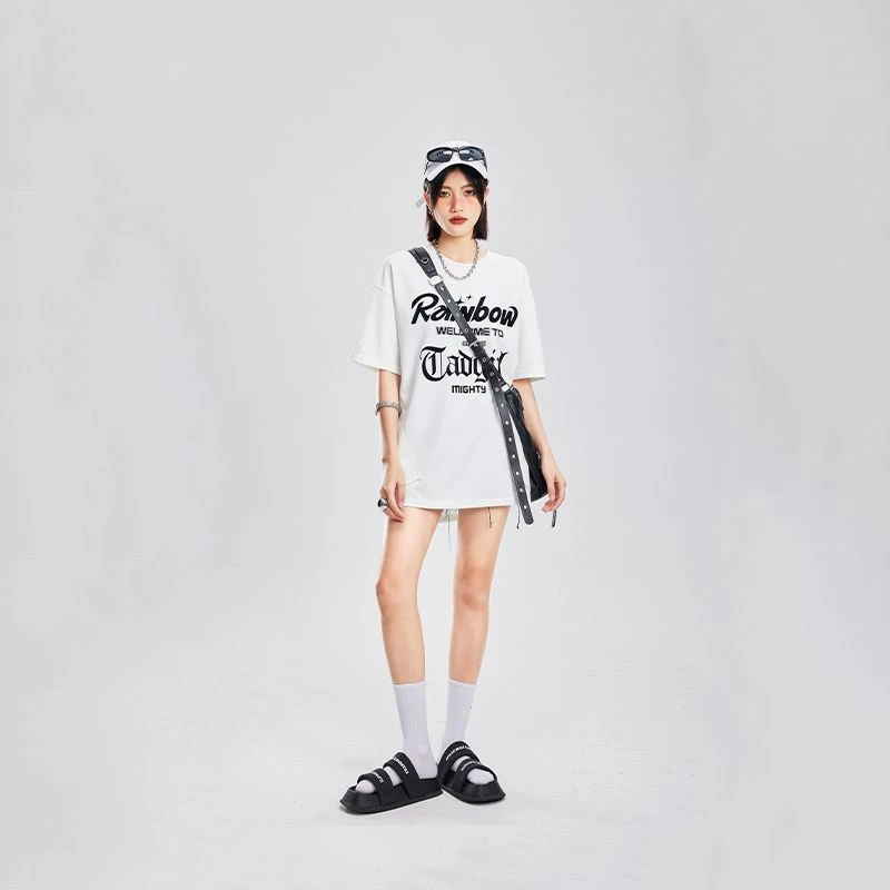 潮牌白色T恤女中长款短袖t恤夏季新款宽松上衣C30447