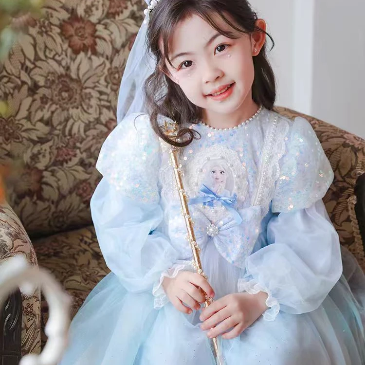 冰雪奇缘爱莎公主裙女童春秋季正版艾莎裙子高端蓬蓬纱礼服连衣裙