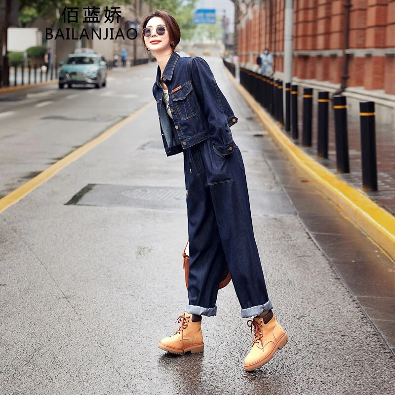 时尚洋气质休闲牛仔两件套装女2025春秋季新款小个子直筒工装裤子