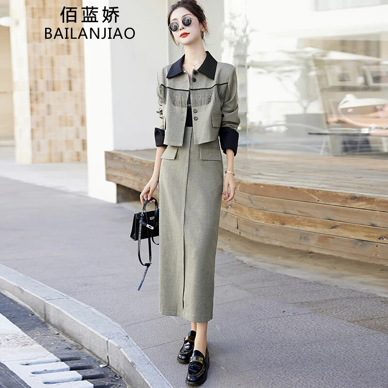 西装连衣裙女2024春秋新款高级感气质法式小香风两件套长袖职业裙