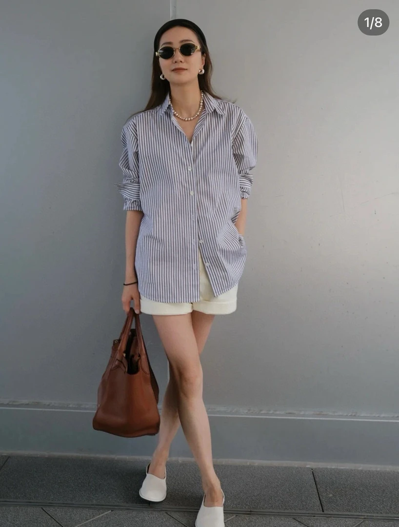 简约色织竖条纹衬衫长袖 宽松女士翻领中性风上衣显瘦衬衣时尚棉