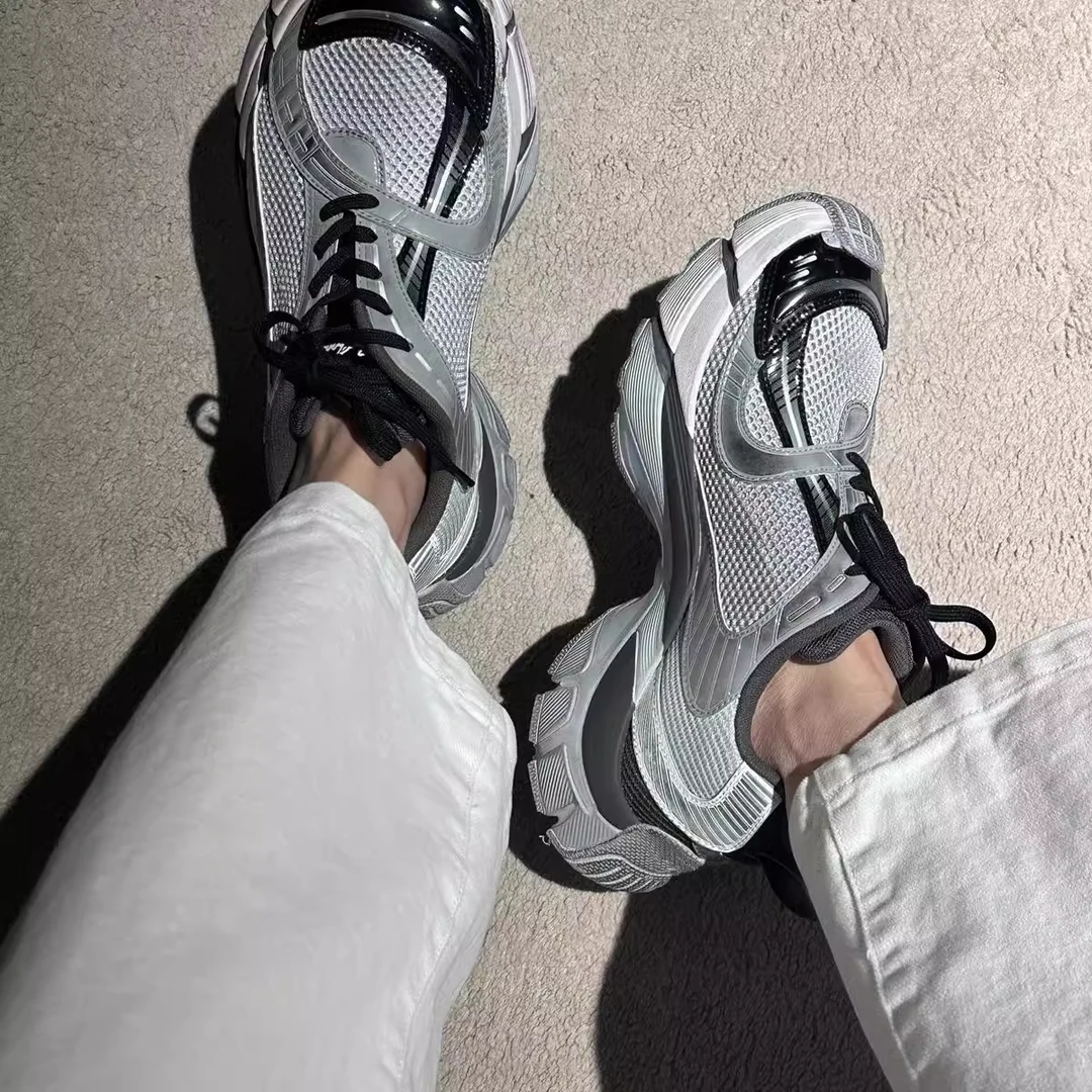 秋季新款厚底增高老爹鞋真皮拼接休闲运动鞋男女款流光风女生潮鞋