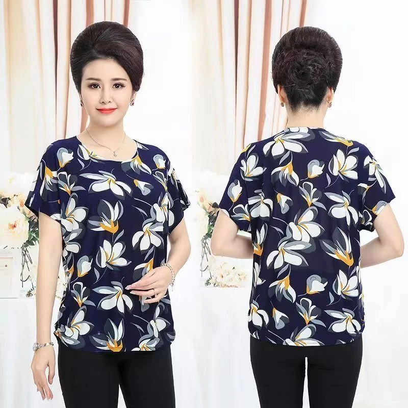 新款妈妈装上衣2025夏短袖时尚T恤中老年女装印花加肥加大码宽松t