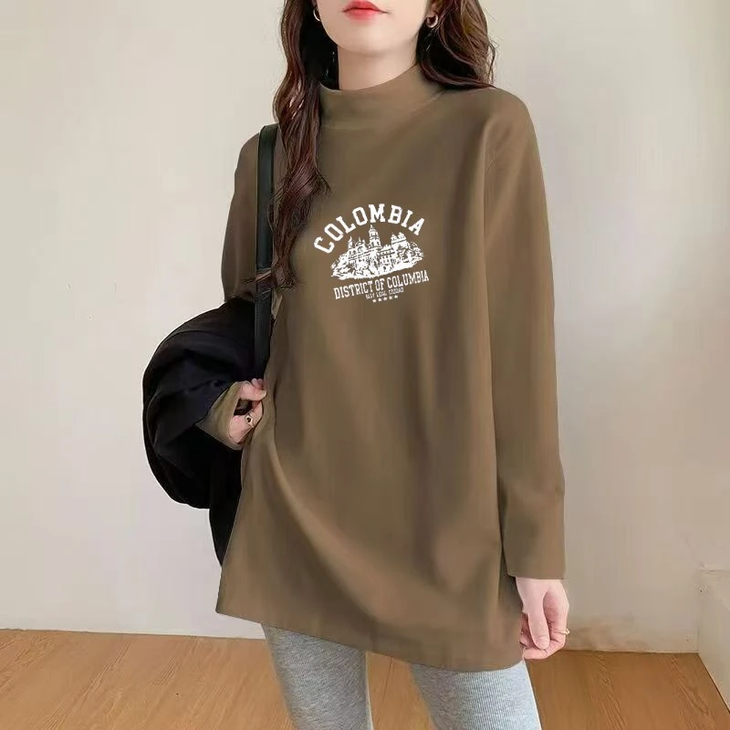 德绒中长款长袖t恤女春秋冬季加绒半高领洋气加厚打底衫内搭上衣T