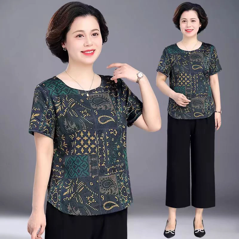 妈妈夏装套装中老年人女夏季短袖上衣服新款老太太奶奶冰丝两件套