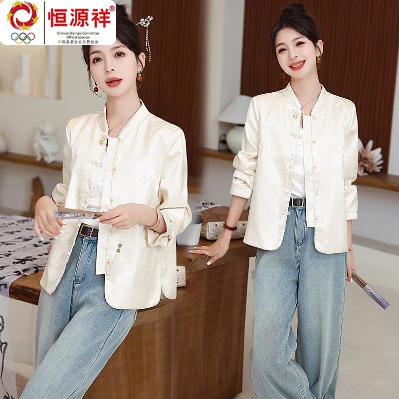 恒源祥彩羊新中式短款外套女2024年春季新款气质复古盘扣提花休闲