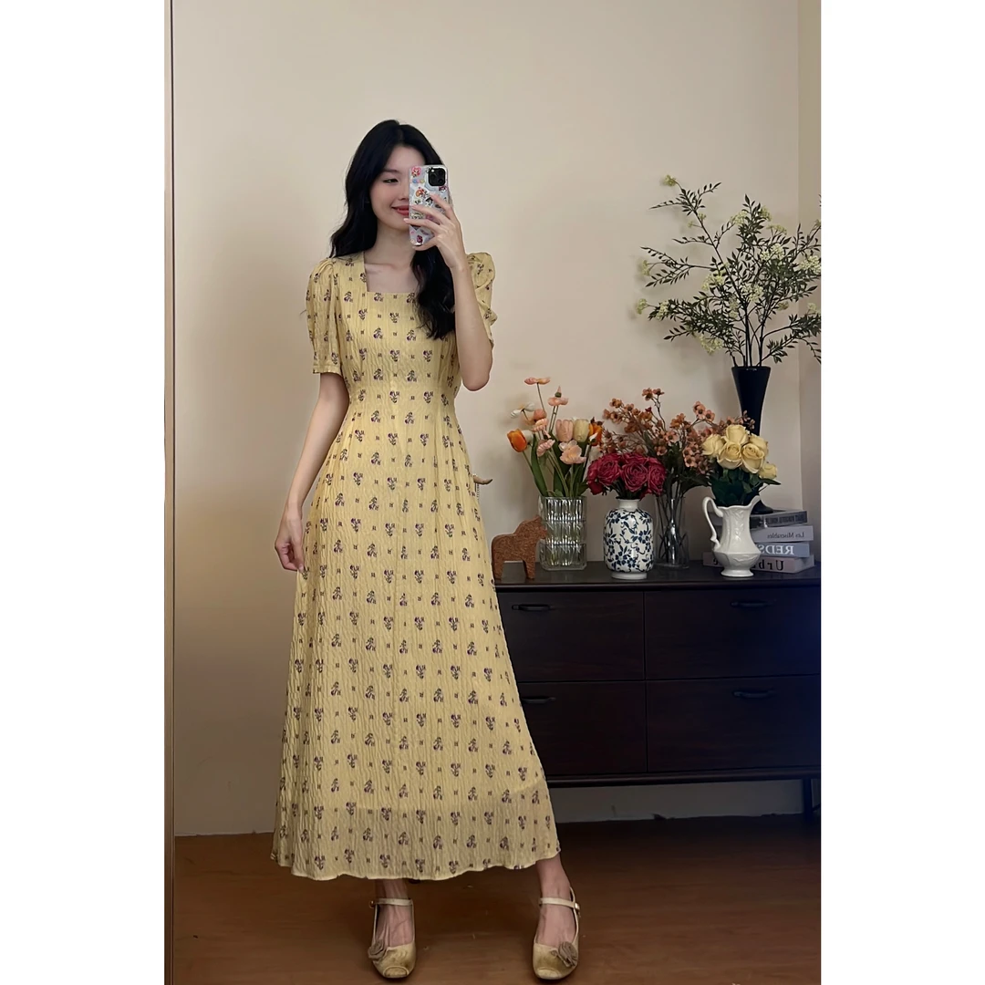 【清仓】【不退换】"奶油泡芙"——夏季复古系带收腰温柔风连衣裙24274#