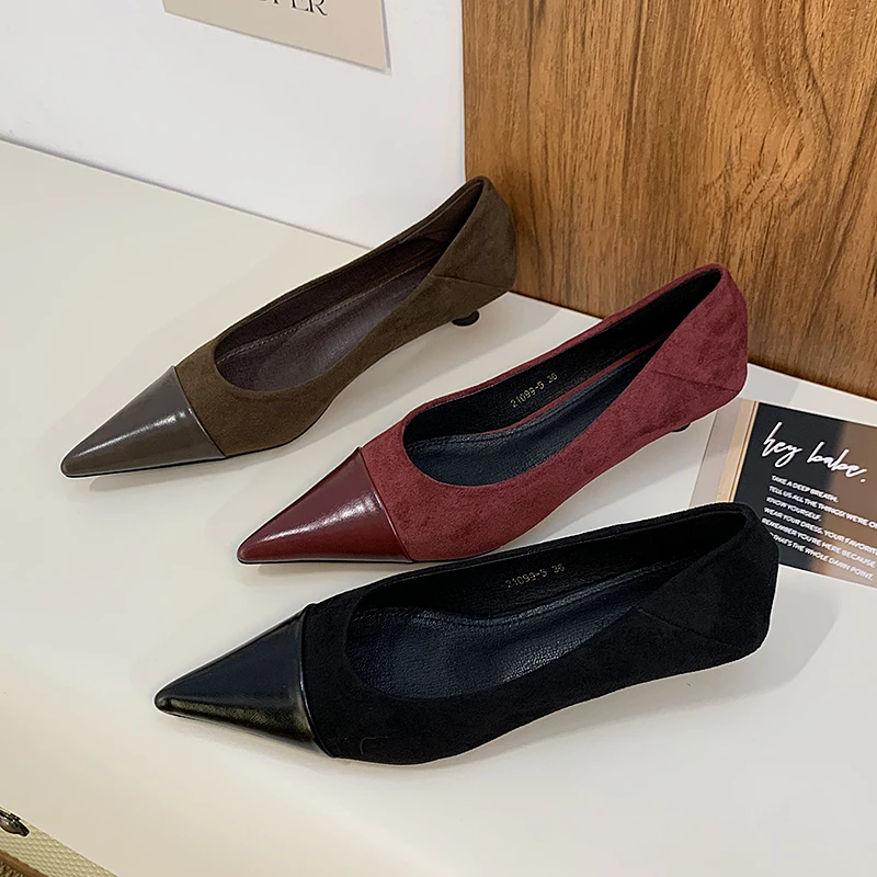 显瘦绒面尖头单鞋气质安可拉红百搭细跟女鞋新款韩版浅口低跟鞋女