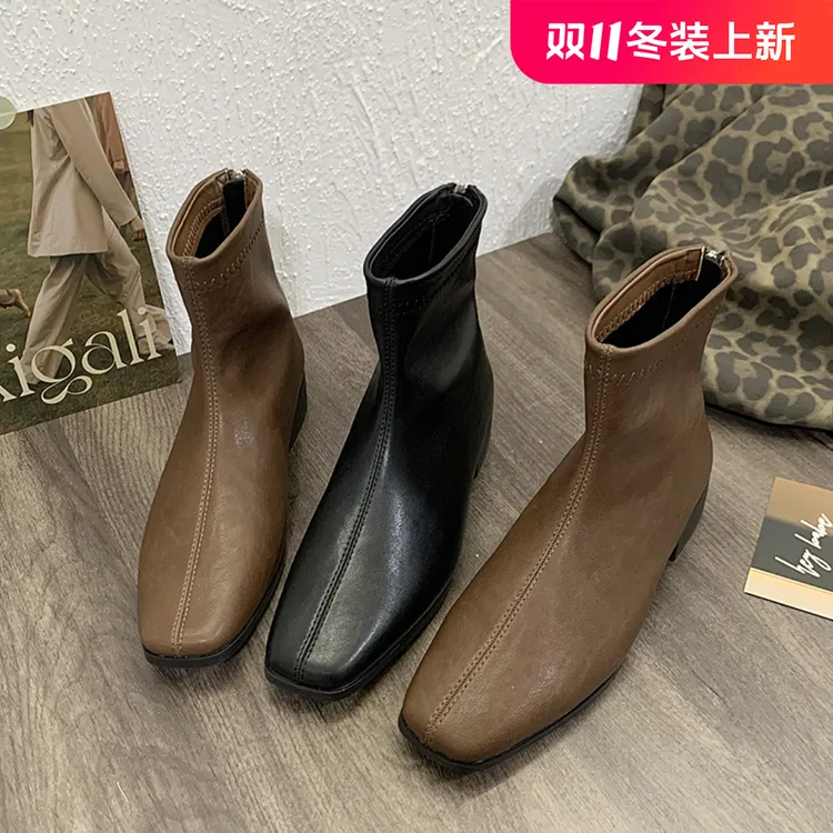 复古棕色短筒靴子粗跟休闲女靴新款韩版瘦瘦靴简约秀气低跟短靴女